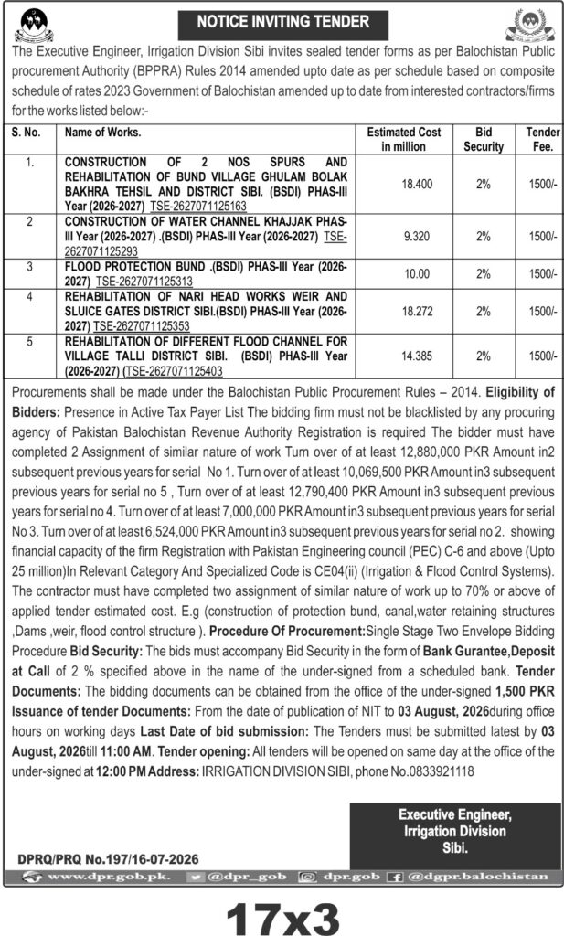 Sibi Irrigation Division Tender Notice 2026
