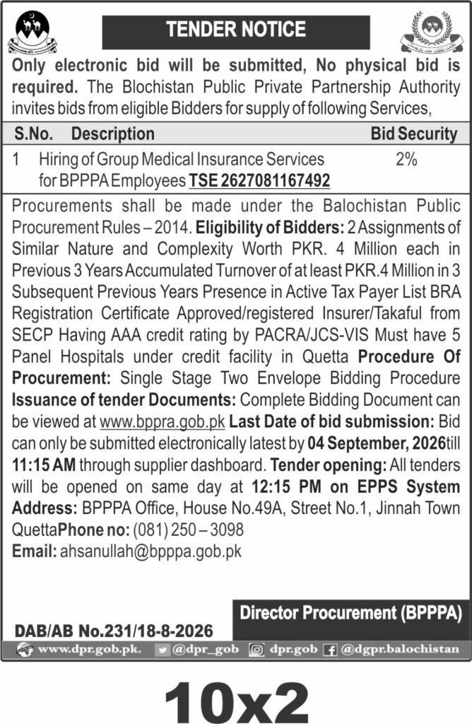 BPPPA Quetta Invites Bids for Group Medical Insurance Services