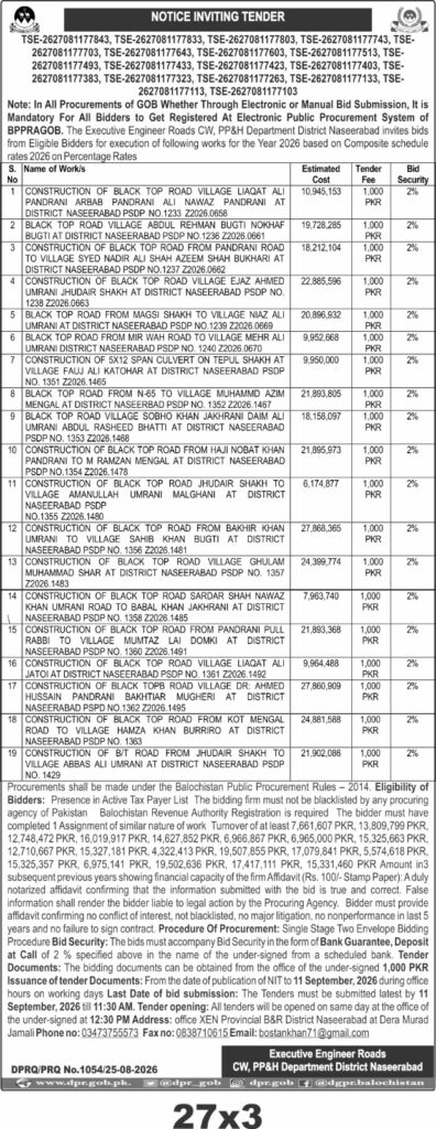 District Naseerabad Black Top Road Tenders 2026