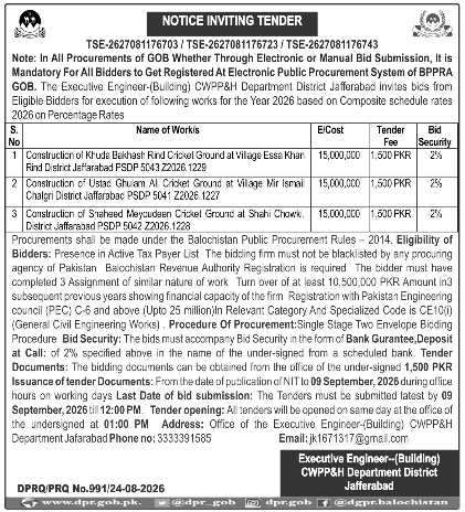 Jaffarabad District Sports Ground Construction Tenders 2026
