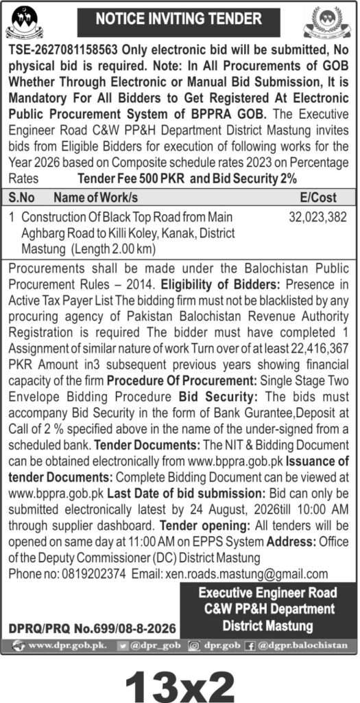 Mastung Blacktop Road Construction from Aghbarg to Killi Kole 2026
