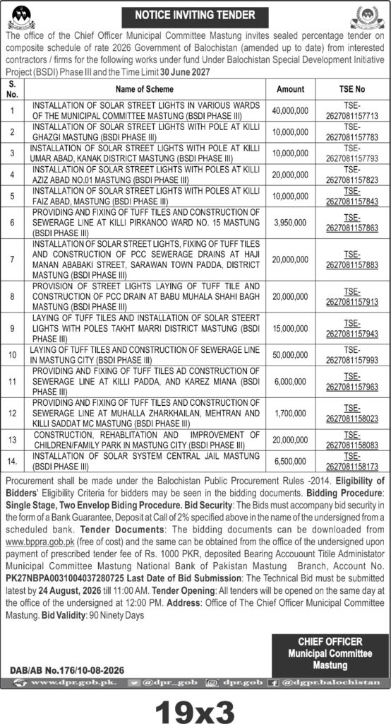 Mastung Municipal Committee BSDL Phase III Development Tenders 2026
