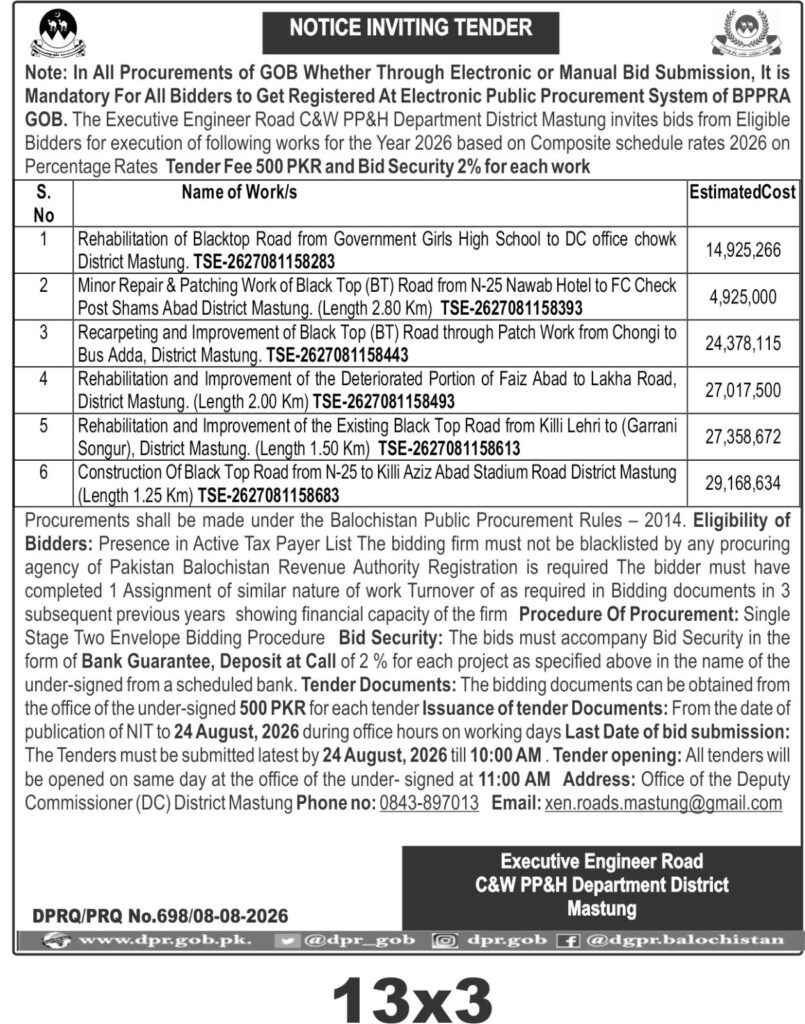Mastung Road Rehabilitation and Blacktop Improvement Tender 2026
