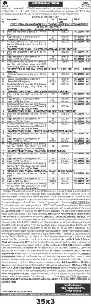 Mastung Water Supply Schemes Tender Under BSI Programme 2026-27