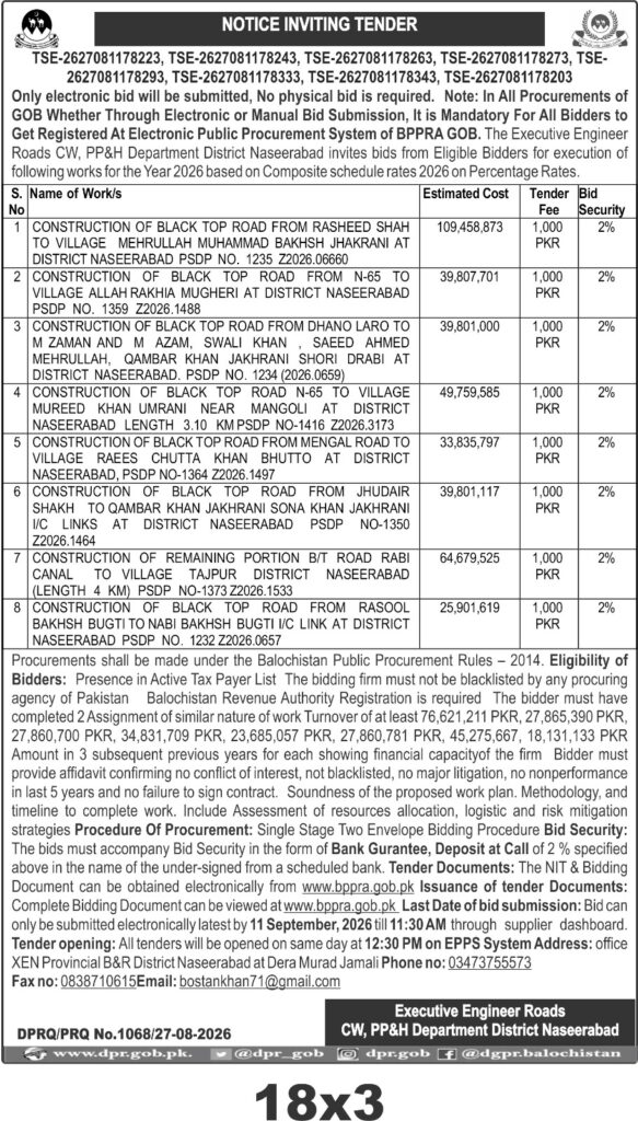 Naseerabad Road Construction Tenders 2026 – 8 Blacktop Road Projects