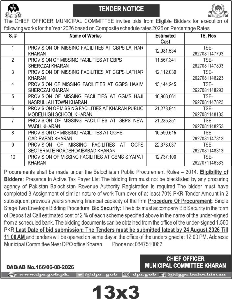 Provision of Missing Facilities at Government Schools in Kharan – Tender Notice 2026