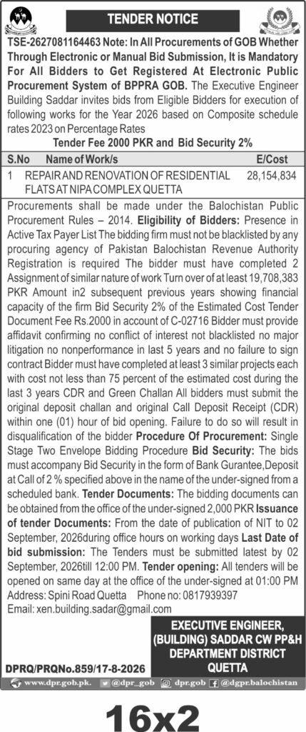 Quetta NiP Complex Residential Flats Repair and Renovation Tender 2026