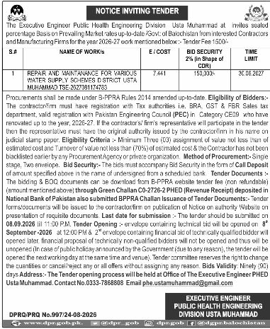 Repair & Maintenance of Water Supply Schemes Tender Notice 2026