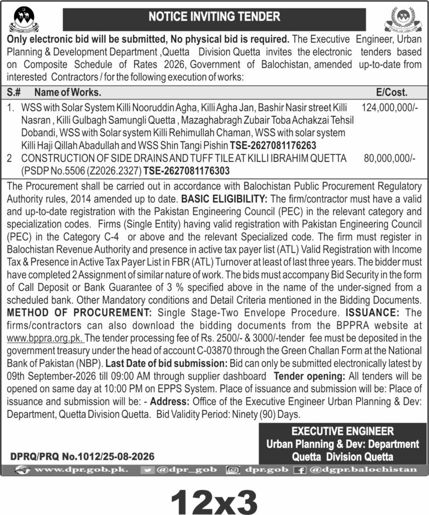 Urban Planning & Development Department Quetta Tender 2026