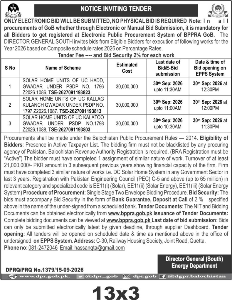 Balochistan Solar Home Units Tender 2026 – Gwadar Solar Projects