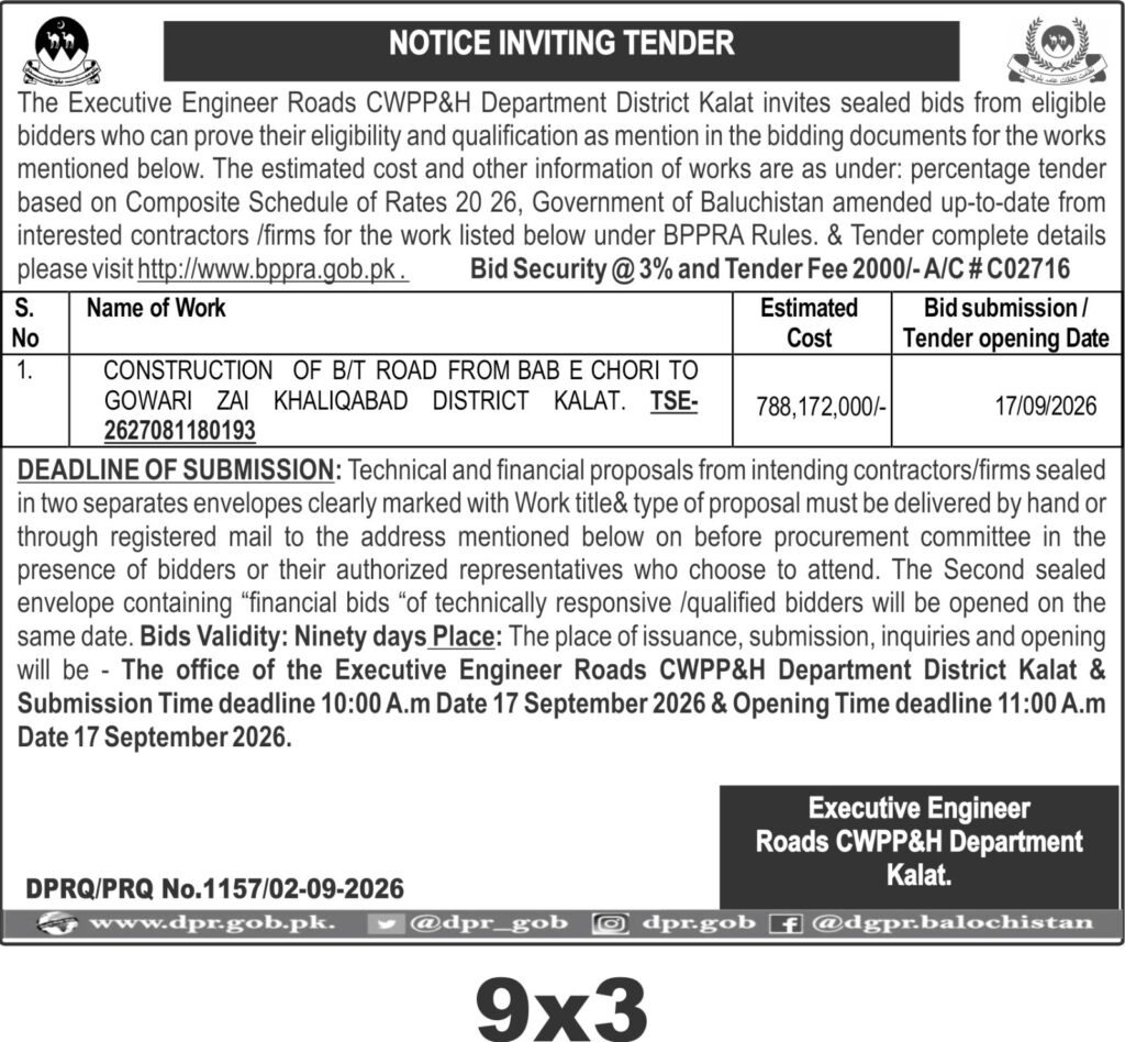 Kalat District BT Road Construction Tender 2026