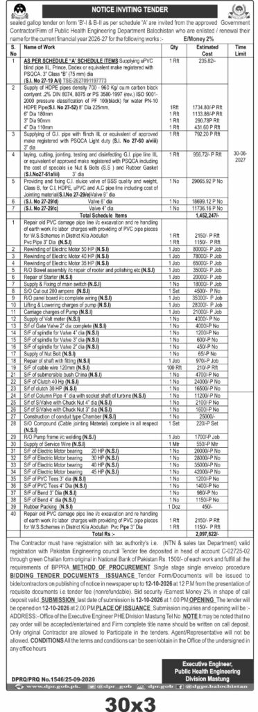 Mastung PHE Water Supply & Repair Works Tender 2026
