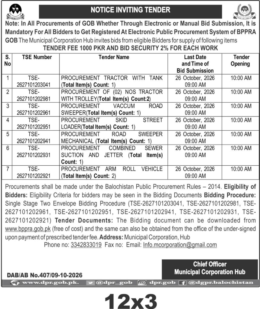 MC Hub Machinery Tender 2026: Tractors, Sweepers, Jetter