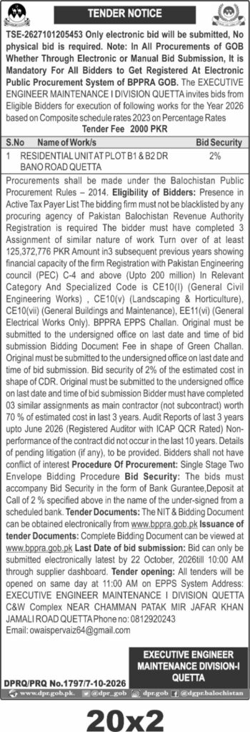 Quetta Residential Unit Tender 2026 | Dr Bano Road B1 & B2