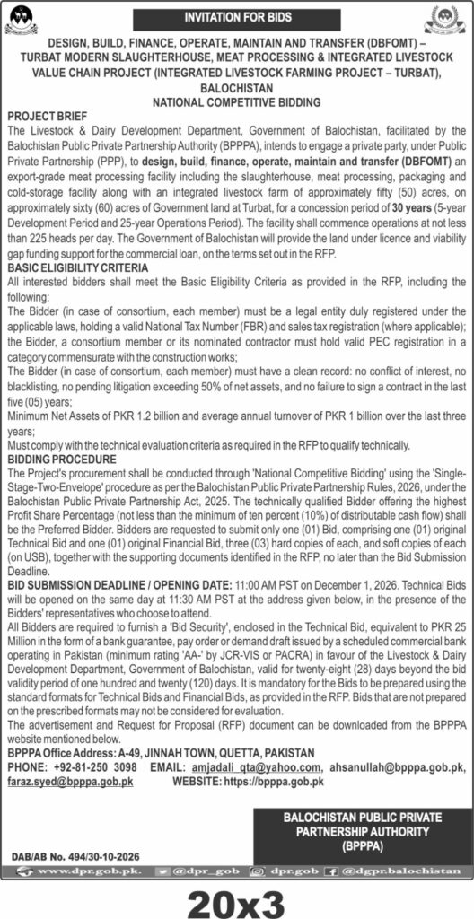 Turbat Modern Slaughterhouse & Meat Processing Project Tender 2026